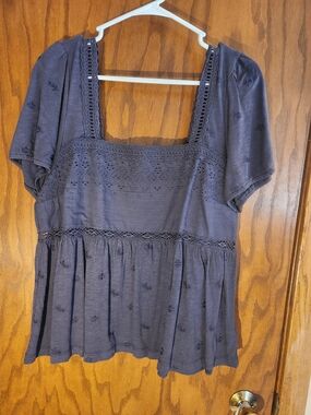 Lucky Brand Navy Square-Neck Crochet Peasant Top